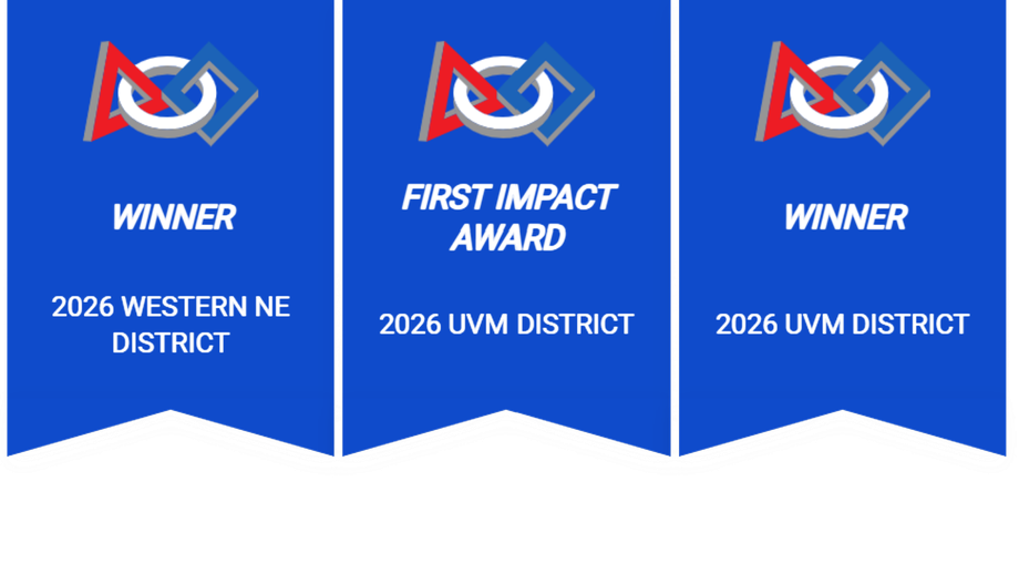 Three 2026 banners: Winner at the Western New England District, FIRST Impact Award at the UVM District, and Winner at the UVM District.