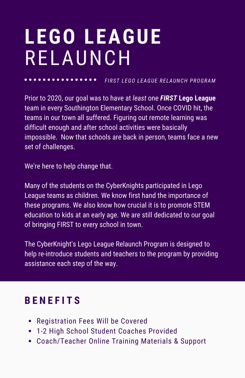 The CyberKnights LEGO League Relaunch Program flyer, listing covered registration fees, student coaches and online training for coaches.